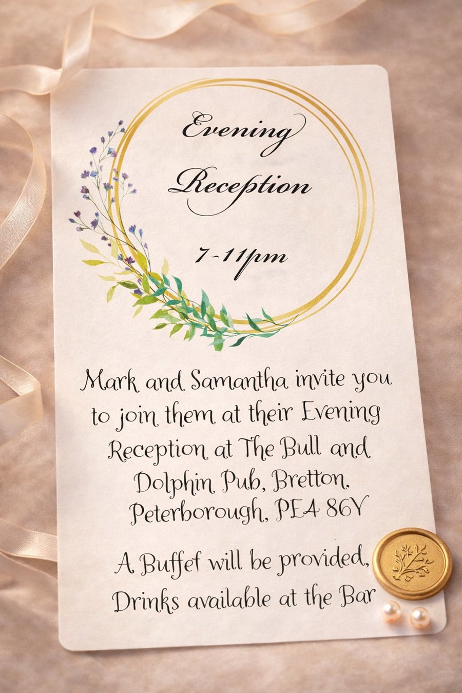 Evening Reception Wedding Invitation - Botanical Gold Wreath Design