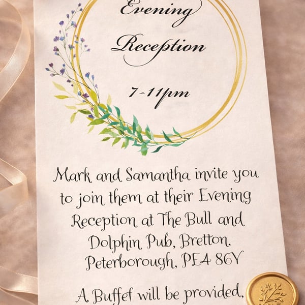 Evening Reception Wedding Invitation - Botanical Gold Wreath Design