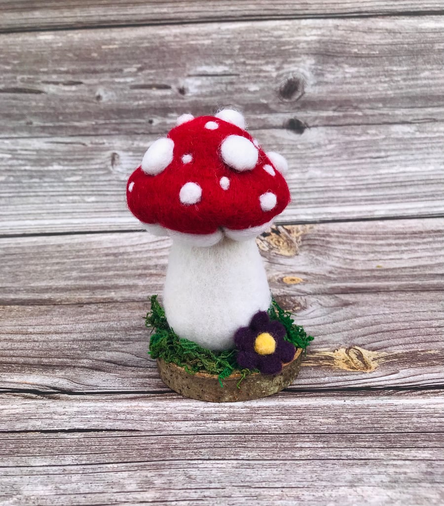 Needle Felted Woolly Fantasy Toadstool on Wooden Base - handmade OOAK gift