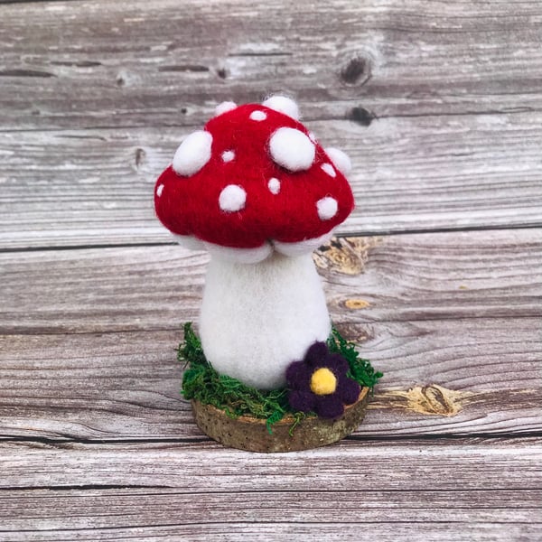 Needle Felted Woolly Fantasy Toadstool on Wooden Base - handmade OOAK gift