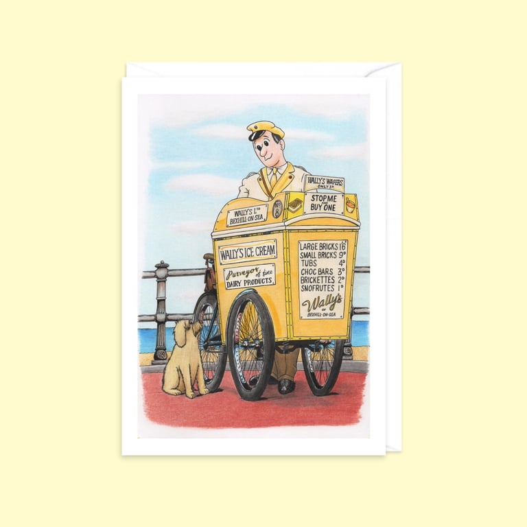 Seaside Greeting Card: Pencil Illustration of an Ice Cream Man and a Dog (810)