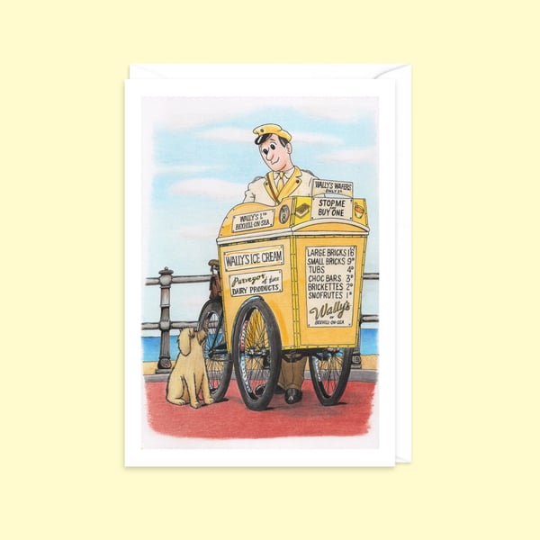 Seaside Greeting Card: Pencil Illustration of an Ice Cream Man and a Dog (810)