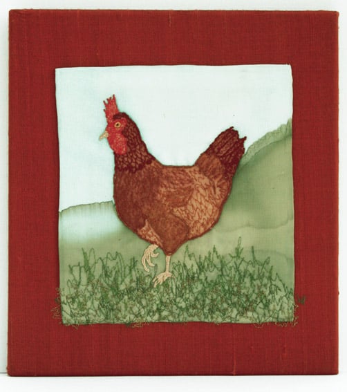 "Chicken no1" - original painted and stitched silk picture