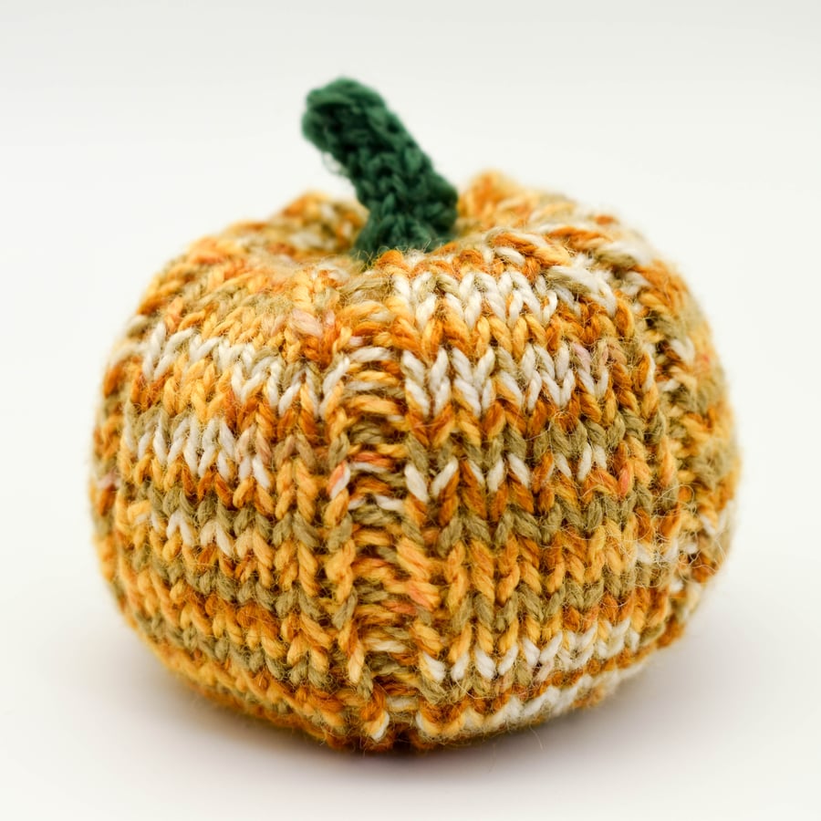 SOLD - SALE - Hand knitted pumpkin pin cushion variegated orange