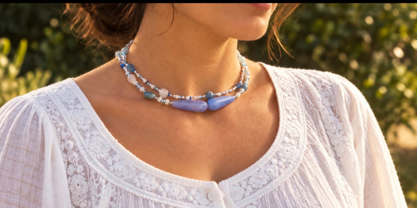 Gemstones Choker Necklace Double Strand Blue and White Chalcedony and Moonstone