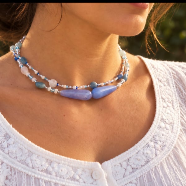 Gemstones Choker Necklace Double Strand Blue and White Chalcedony and Moonstone