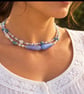 Gemstones Choker Necklace Double Strand Blue and White Chalcedony and Moonstone