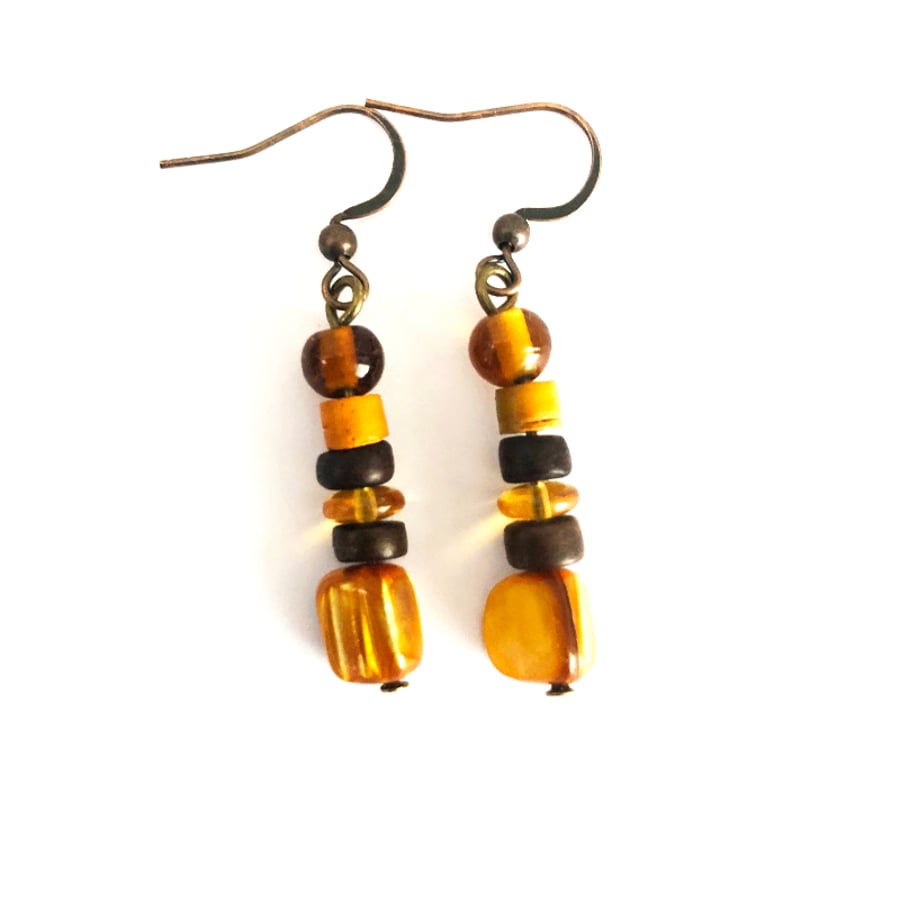 Yellow Orange Brown Ochre Wood Glass Bead Dangle Drop Earrings