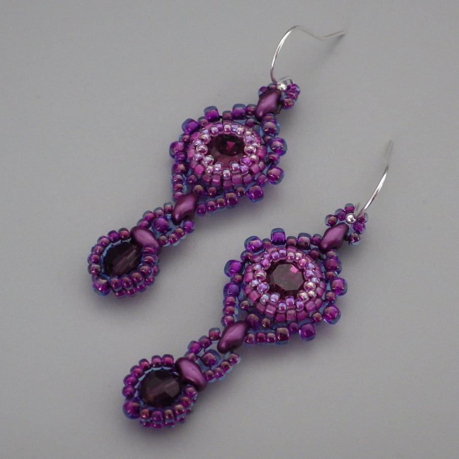 Beadwoven purple Swarovski chaton earrings with Swarovski drops