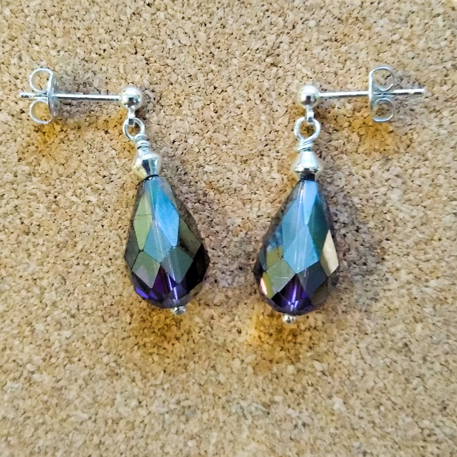 Purple Faceted Crystal Teardrop Silver Plated Stud Dangle Earrings
