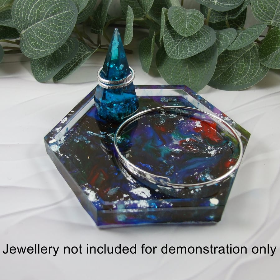 Trinket Dish with Ring Holder. Bio Resin Art Marbled Inks Red, Blue & Purple