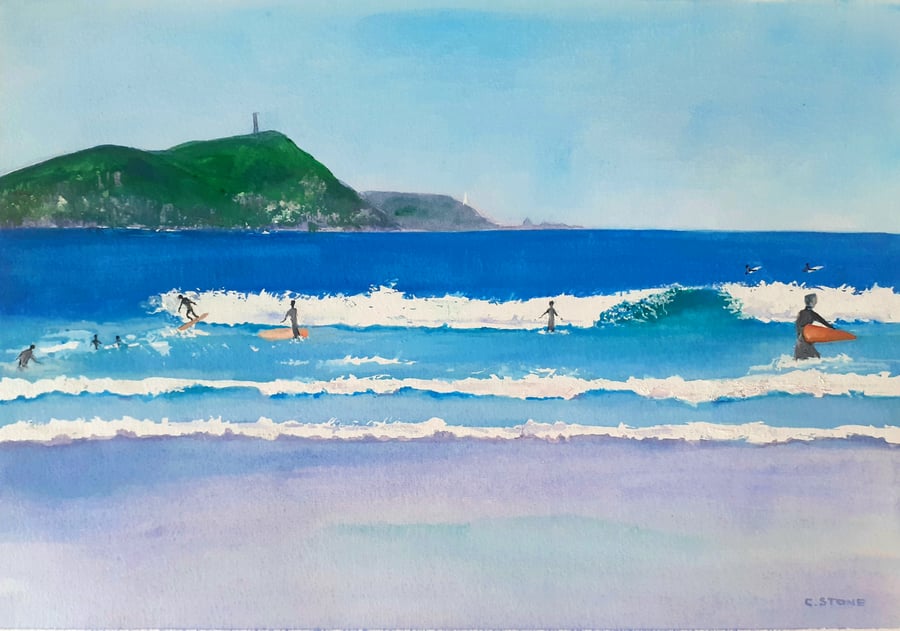 Original gouache painting Polzeath Beach, Cornwall 390 mm x 272 mm