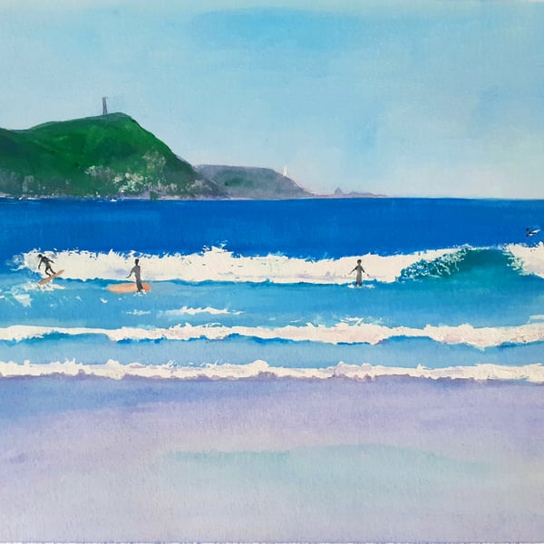 Original gouache painting Polzeath Beach, Cornwall 390 mm x 272 mm