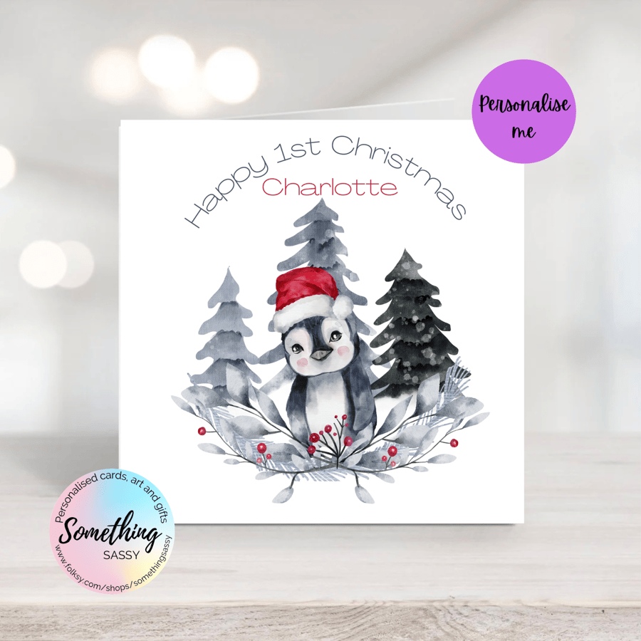 Personalised Penguin 1st Christmas Card 