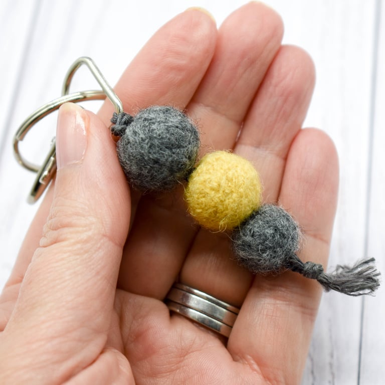 Charcoal & Mustard Felted Bead Key Ring Bag Charm – Handmade Wool Accessory