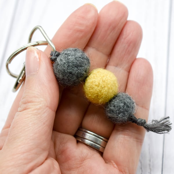 Felted bead Bag Charm - Key Ring Grey and Mustard yellow