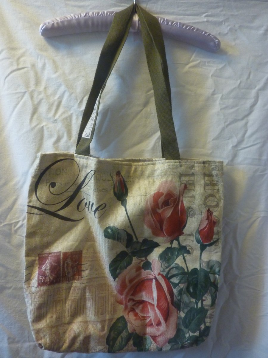 LOVE Rose Flower Printed Lined Tote Bag Long Handles Zip Pocker