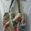 LOVE Rose Flower Printed Lined Tote Bag Long Handles Zip Pocker