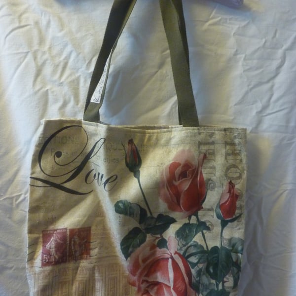 LOVE Rose Flower Printed Lined Tote Bag Long Handles Zip Pocker