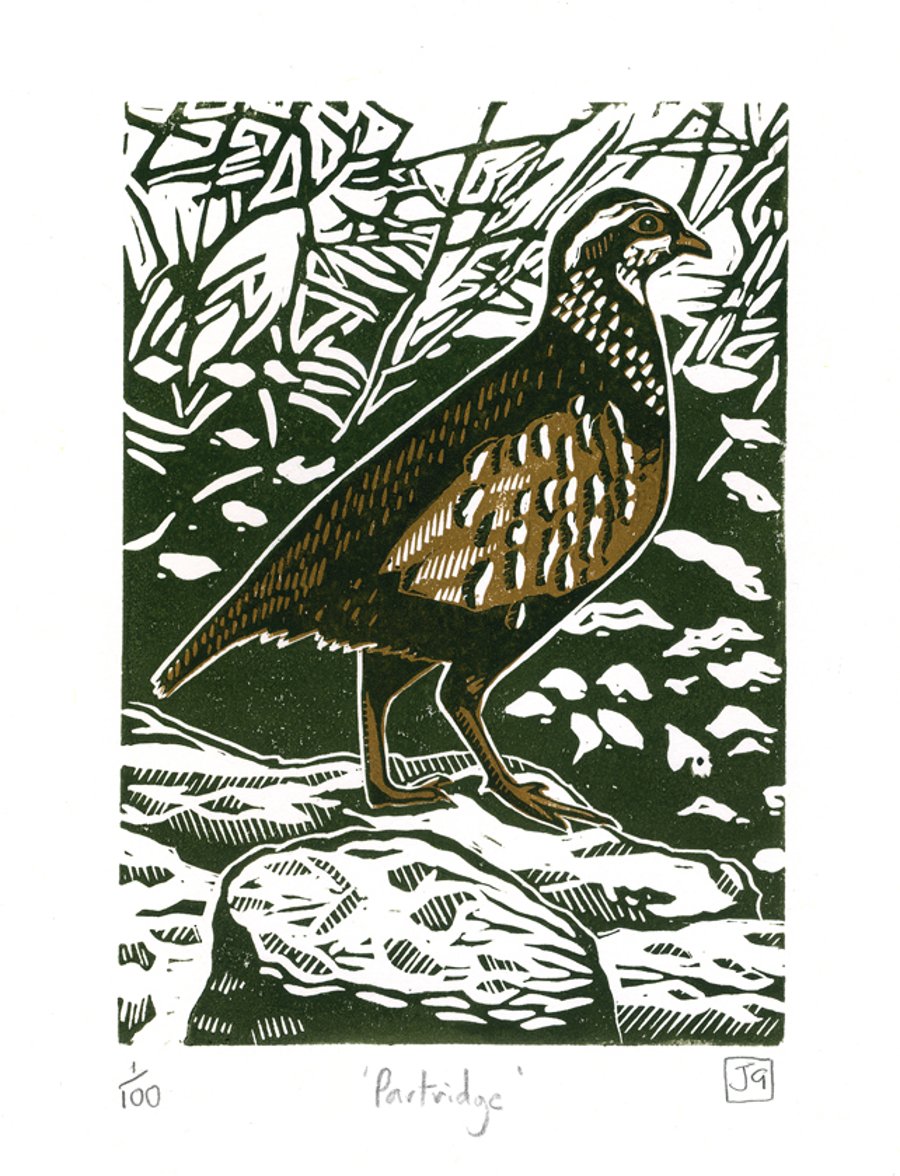 Partridge two-colour linocut print