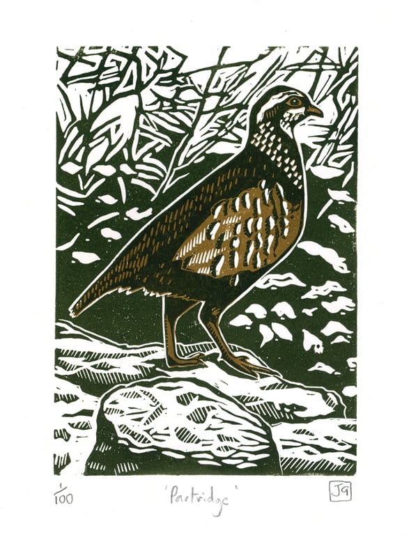 Partridge two-colour linocut print
