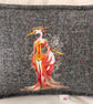 Embroidered Harris Tweed Scatter Cushion backed with Vintage Japanese Silk - Image 3
