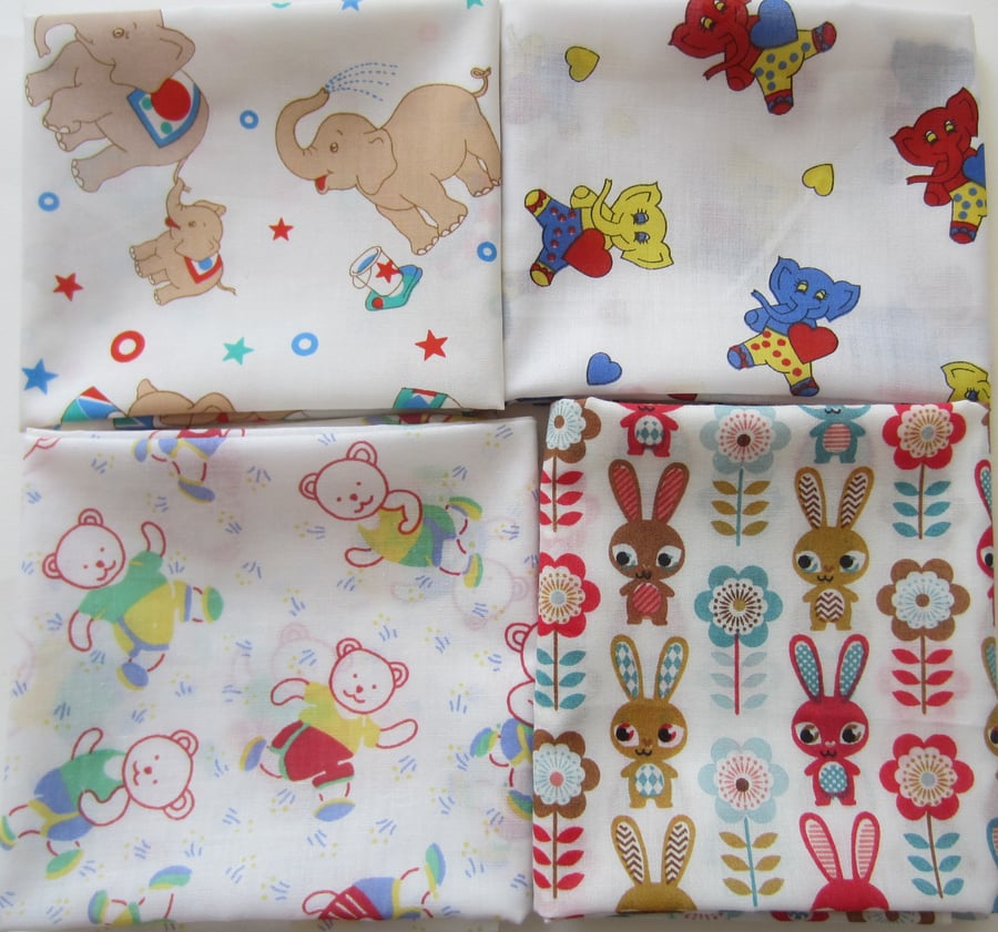 Bundle of 4 Fabric Fat Quarters. Children's Designs, Elephants, Bears, Rabbits.