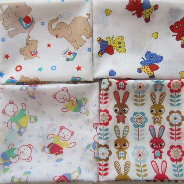 Bundle of 4 Fabric Fat Quarters. Children's Designs, Elephants, Bears, Rabbits.