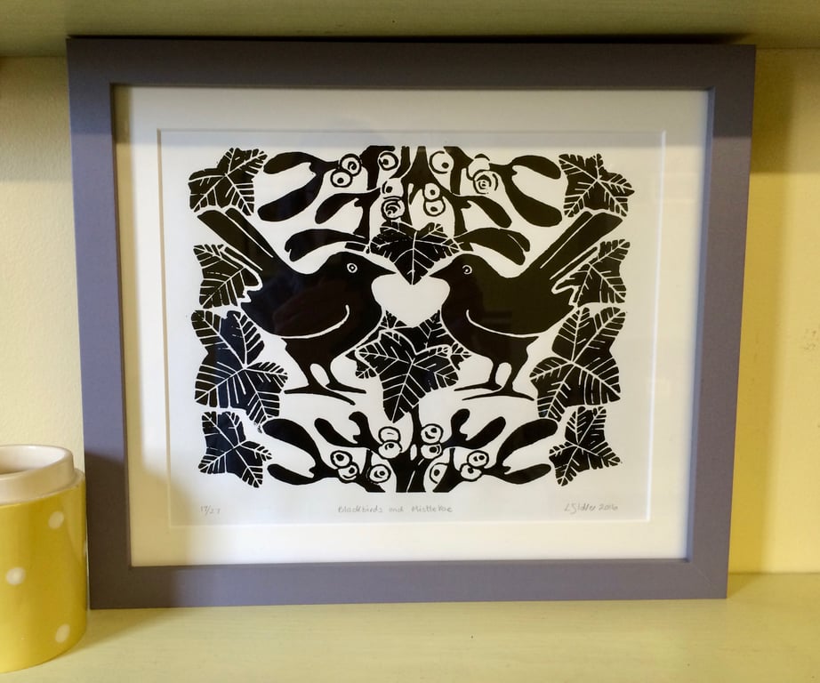 Blackbirds & Mistletoe Lino Print
