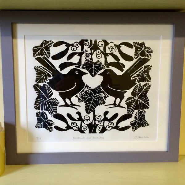 Blackbirds & Mistletoe Lino Print