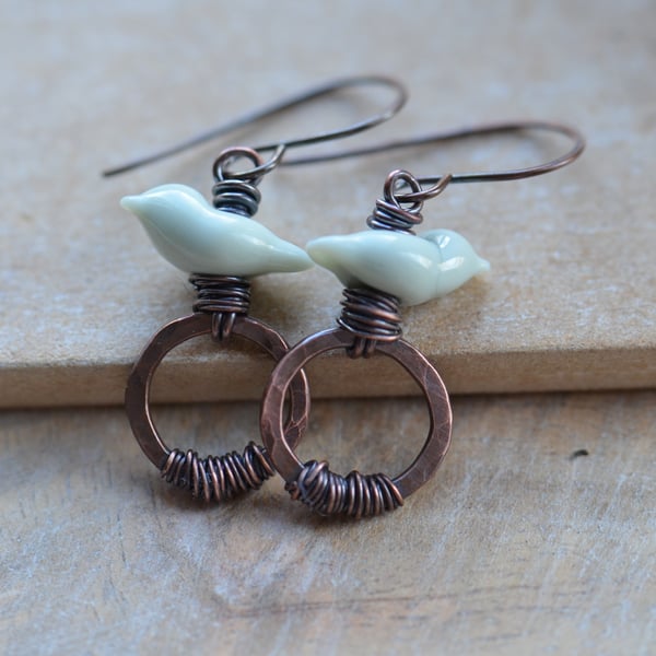 Copper Earrings with Pale Green Grey Lampwork Glass Birds