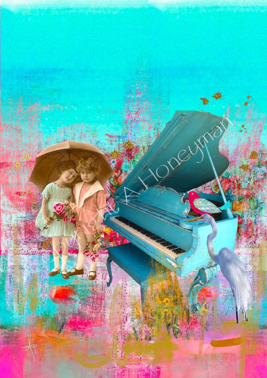 Blue vintage piano mixed media art print