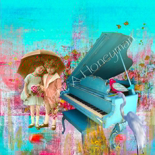 Blue vintage piano mixed media art print