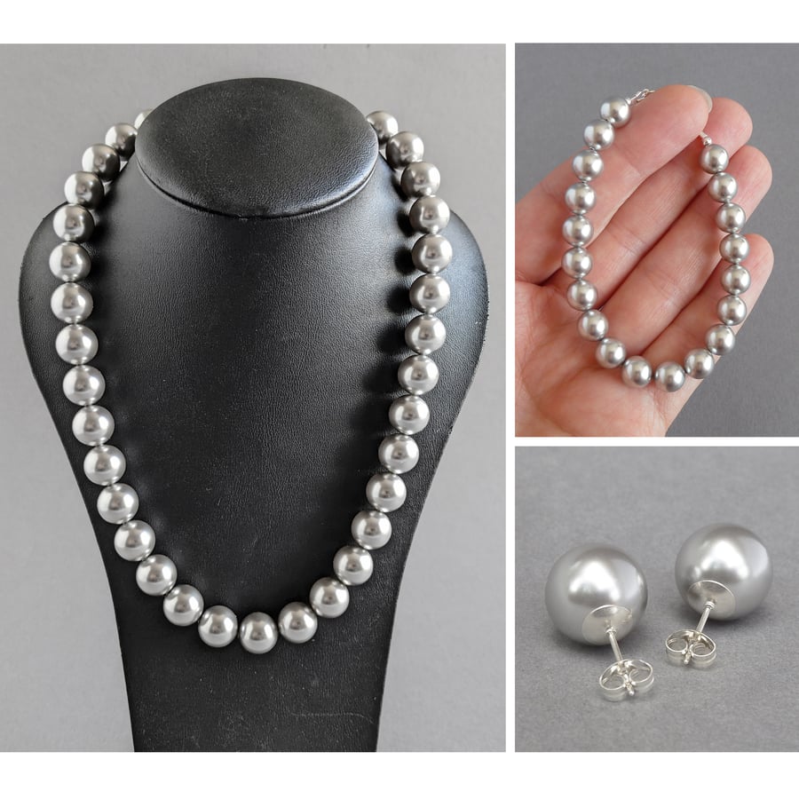 Chunky Silver Pearl Jewellery Set - Single Strand Light Grey Wedding Jewellery