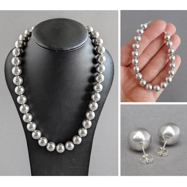 Chunky Silver Pearl Jewellery Set - Single Strand Light Grey Wedding Jewellery