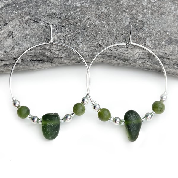 Sea Glass Hoop Earrings. Large Green Sterling Silver Jade Crystal Beaded Hoops