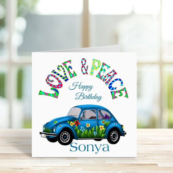 Personalised Retro Car Birthday Card. Blue