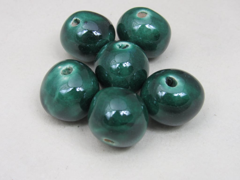 6 Medium Emerald Green Glazed Clay Beads