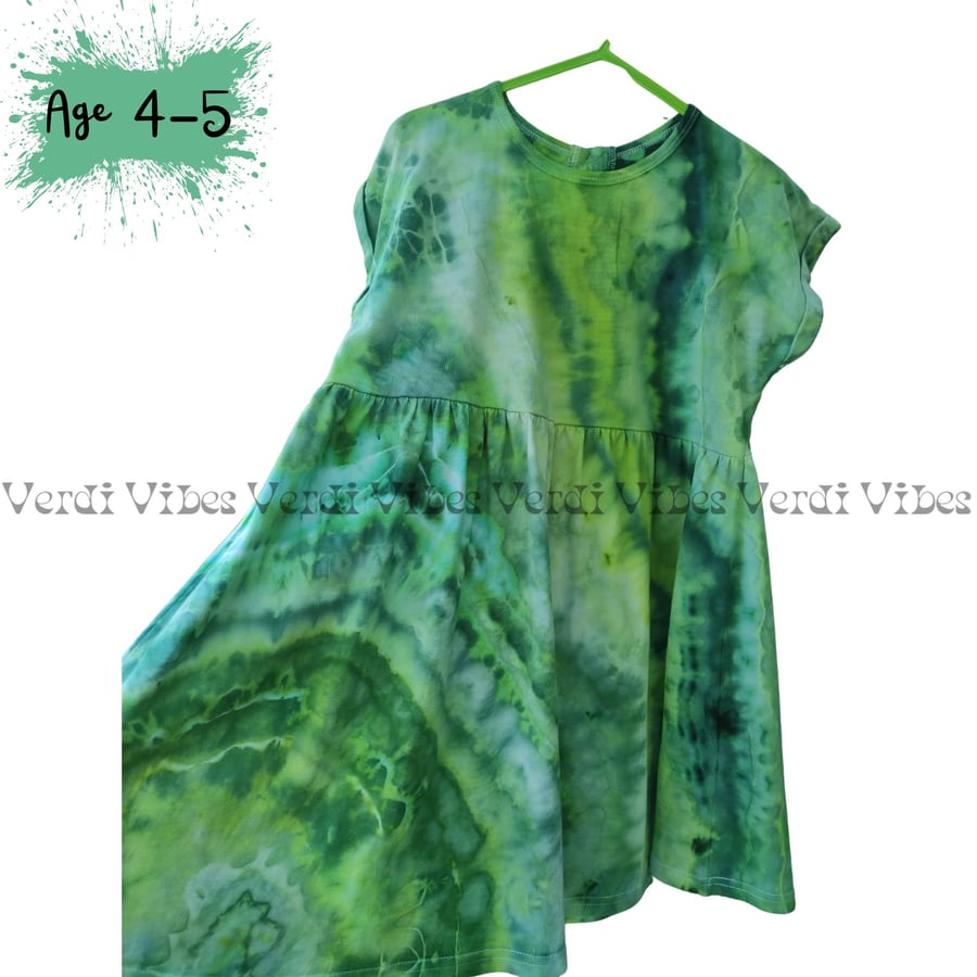Cotton dress, age 4-5 ice dyed in shades of green.
