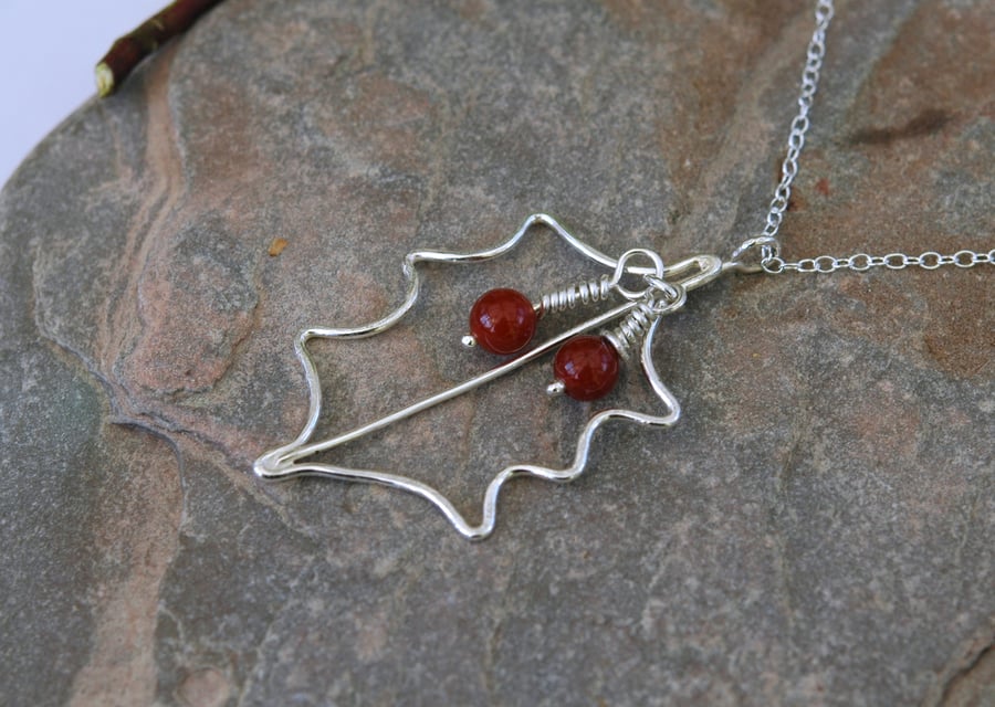 Silver Holly Leaf Pendant with Carnelian Berries