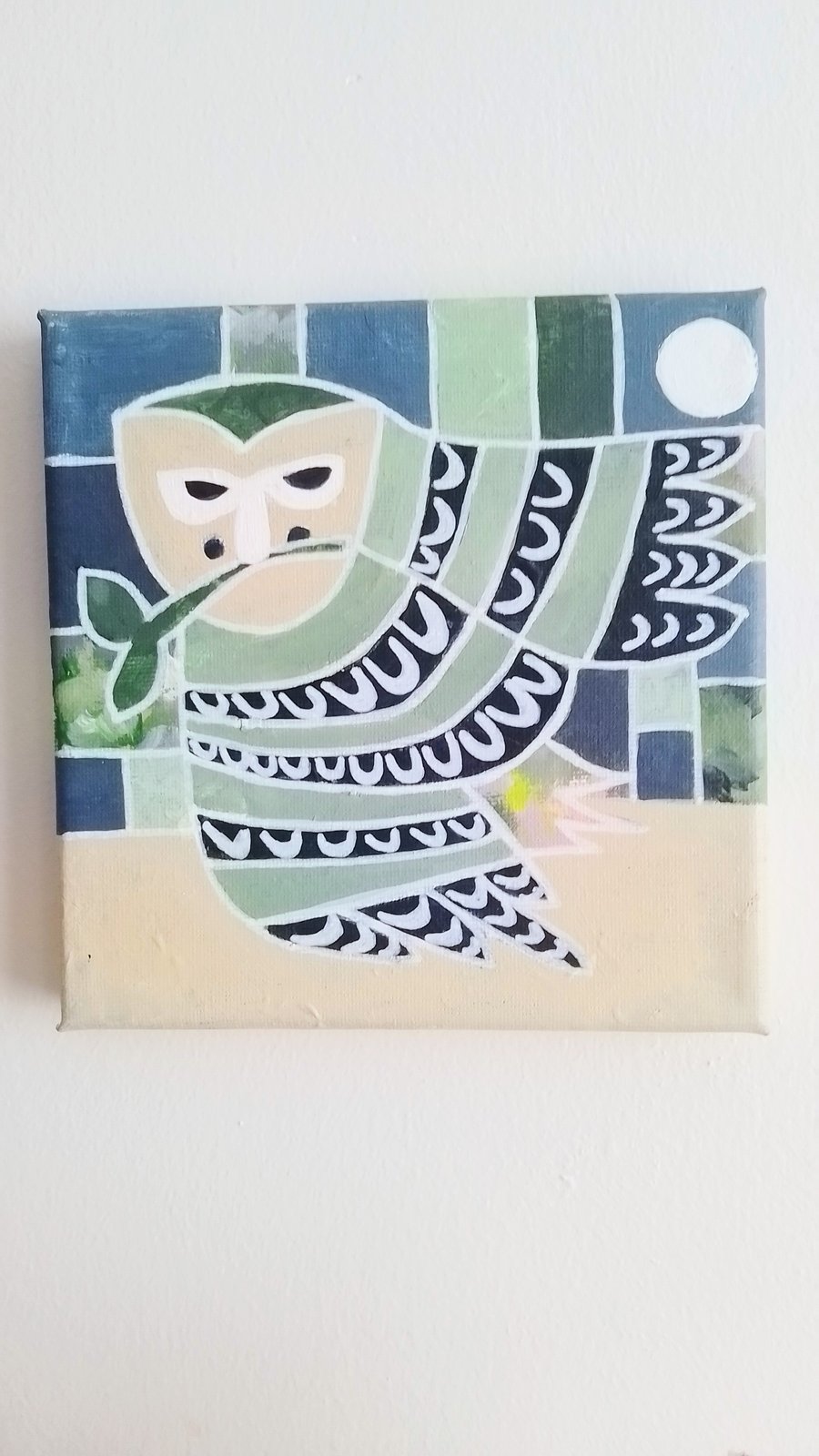 Grumpy Owl in Flight, Mid-century Inspired Owl Art  Painting Acrylic Paint