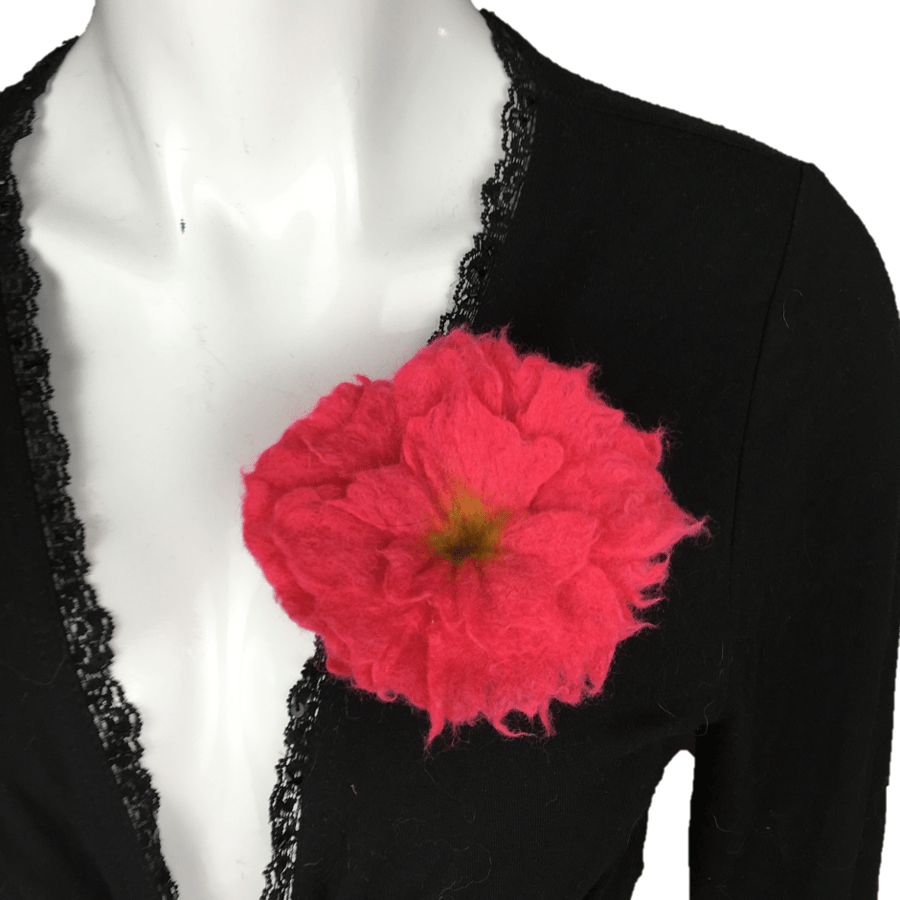 Bright cerise flower brooch, corsage, lapel pin, hand felted