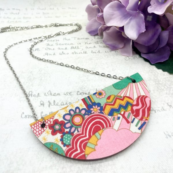 Retro flowers and clouds statement fabric and wood necklace