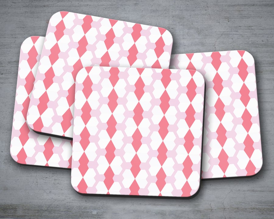 Set of 4 Pink with White Geometric Design Coasters