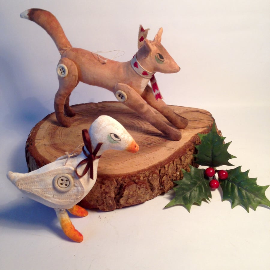  Hand painted set of two fox and goose hanging Christmas decorations.
