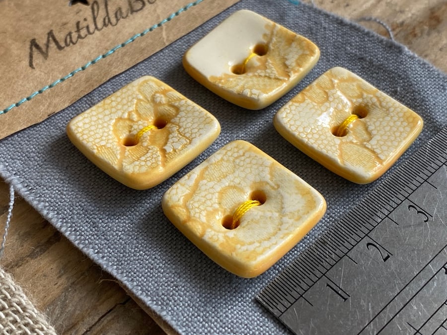 Handmade Pottery Buttons set of 4 Square Yellow Lace 