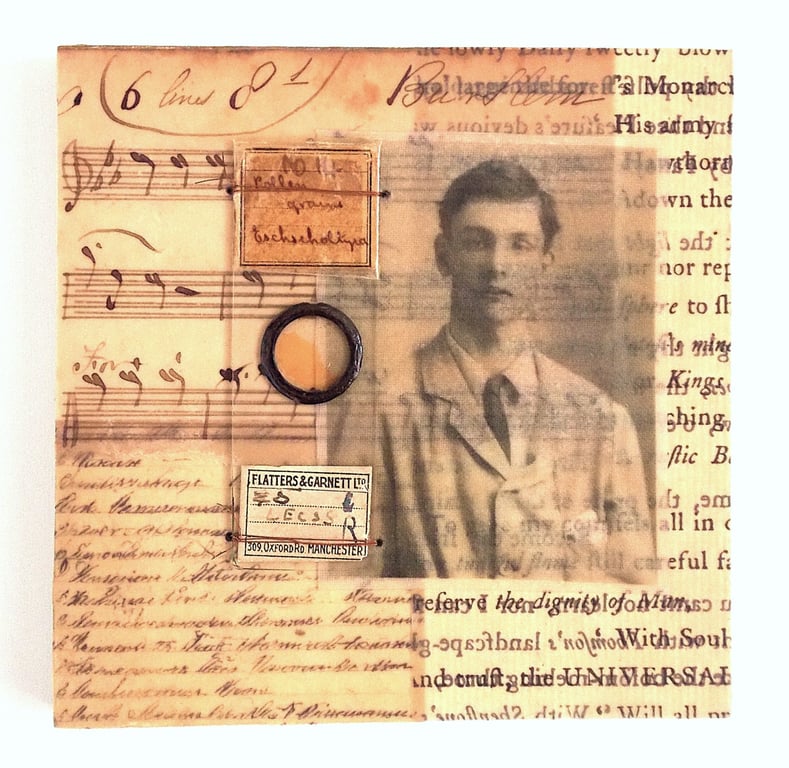 Original Paper & Fabric Collage on Wood Panel, 12x12cms, Free Postage (191)
