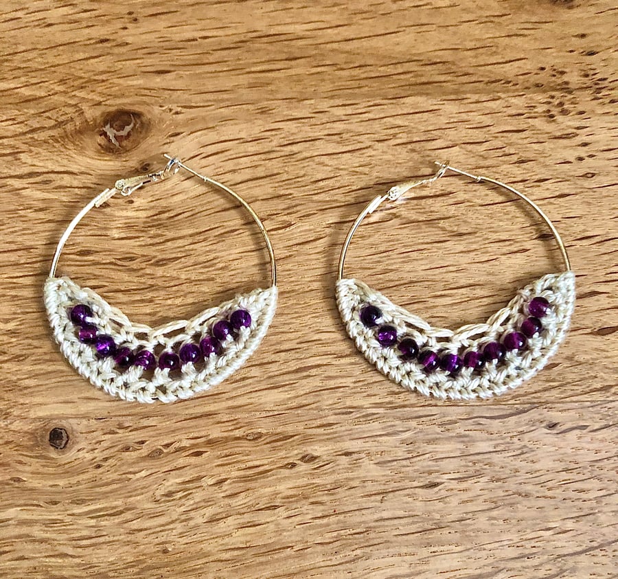 Hello February...silver plated hoop earrings with crochet and amethyst design.