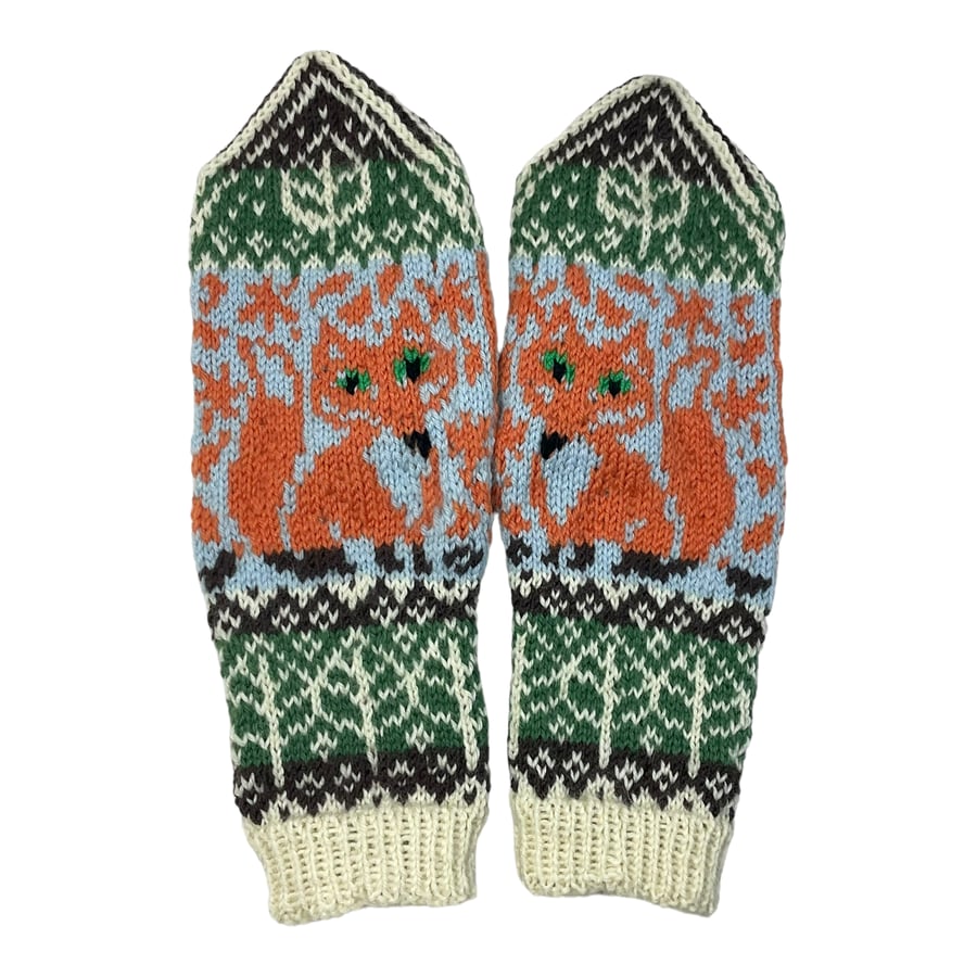 fox mittens, animal mittens, hand knitted mittens, handknit mittens, wool mitten