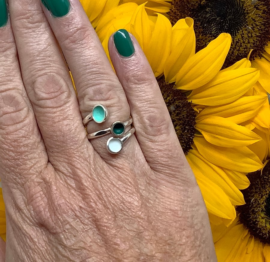 Sterling silver with mint green, black and white enamel adjustable wrap ring.